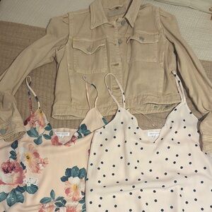 Socialite Beige Floral Cami, Polka Dot Cami & Tan Jean Jacket